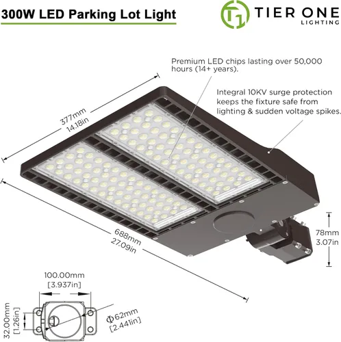Vista 2 de Luz LED de estacionamiento de 300 W con fotocélula del atardecer al amanecer, ajustable, montaje deslizante, caja de zapatos, luz LED para cancha