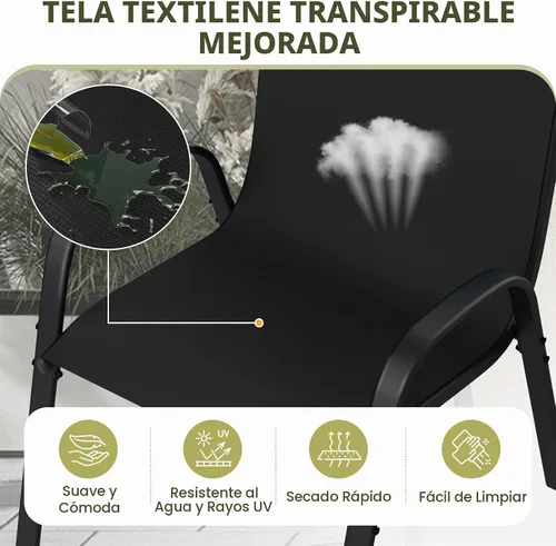 Vista 6 de UDPATIO Juego de 4 sillas de patio, sillas de comedor apilables para exteriores con respaldo alto, silla de tela de textileno transpirable para Negro