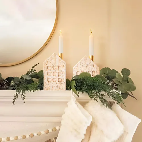 Vista 9 de DN DECONATION - Juego de 2 portavelas de Navidad, portavelas de casa with Metal Chimney for Taper Candles, Boho Travertine-Style Holiday Table