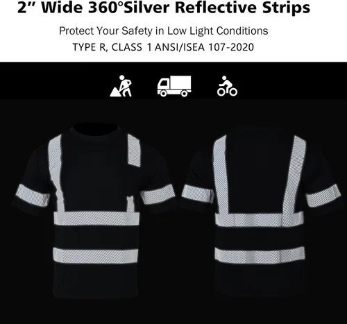 Vista 6 de VENDACE Camisas de seguridad para hombre, paquete de 3 camisetas de trabajo de manga corta reflectantes de alta visibilidad para hombre, color negro