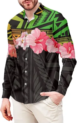 Vista 13 de Camisa polinesia con botones para hombre, Aloha Samoan, patrón tradicional, manga larga, camisa hawaiana para hombre, talla grande, casual