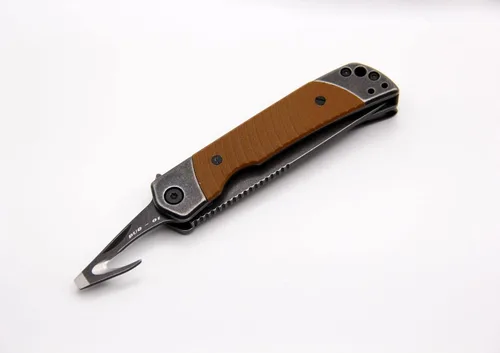 Vista 5 de REVO Cuchillos Duo Drop Point wAux Cutter - Marrón Hoja 9CR con incrustaciones G10 en asas de acero inoxidable Multiherramienta de bloqueo