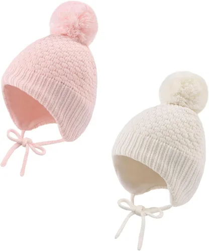 Vista 8 de Sombrero de invierno para bebé niña con forro de lana para niños pequeños, gorro de punto con orejeras con pompón, de 0 a 8 años 3 unidades-A.