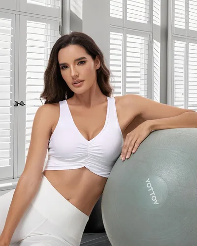 Vista 7 de Brasier deportivo fruncido con cuello en V para mujer, espalda cruzada, acolchado, para yoga, ropa deportiva que absorbe la humedad, corte bajo