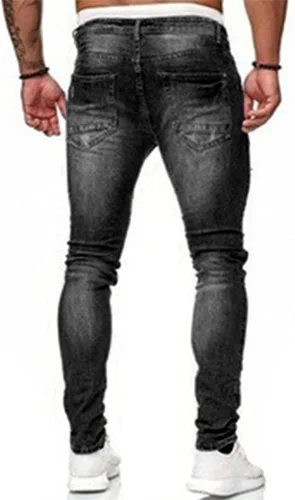 Vista 3 de HUNGSON Pantalones de mezclilla ajustados para hombre, elásticos, rasgados, rasgados, con rayas laterales