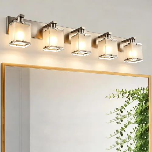 Vista 17 de Lámparas de tocador de baño de 3 luces, modernas luces de tocador con pantalla de vidrio transparente, lámpara de pared de níquel cepillado