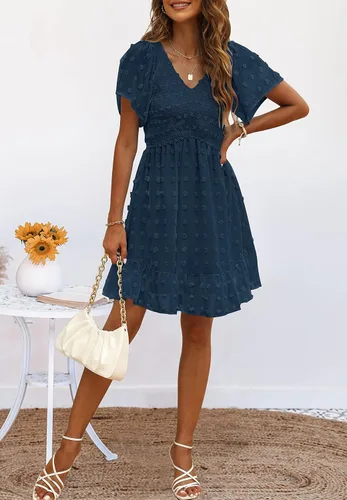 Vista 4 de TECREW Vestido corto de verano con cuello en V y manga corta fruncida para mujer