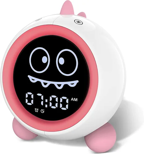 Vista 9 de Reloj despertador para niños, reloj de entrenamiento para dormir con luces nocturnas, máquina de sonido, reloj despertador de dinosaurio para niños