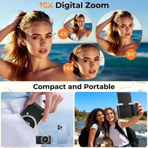Vista 6 de MaxMango Cámara digital, cámara de vlogging de 64 MP y 2.4 pulgadas para principiantes, pantalla abatible de 180°, apunta y dispara, cámaras
