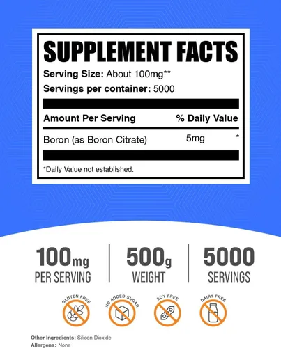 Vista 2 de BulkSupplements. Com Polvo de citrato de boro, suplemento de boro para hombres y mujeres, grado alimenticio, para apoyo de huesos y articulaciones