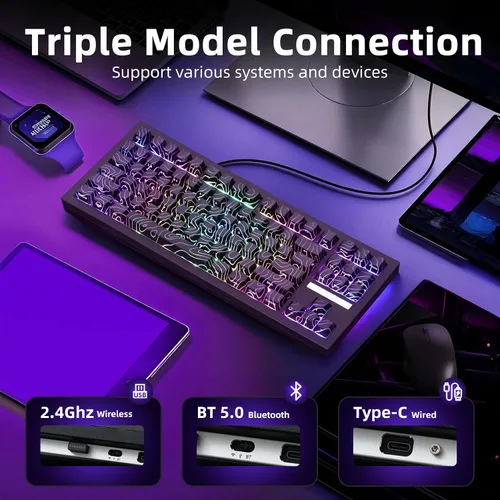 Vista 4 de ZORNHER ZH870 Teclado mecánico inalámbrico para juegos, 80% negro personalizado teclado de sonido cremoso con teclas topográficas negras iluminadas