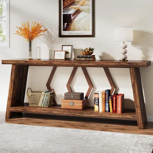 Vista 3 de Tribesigns Mesa consola de granja de 70.86 pulgadas, mesa de entrada de sofá largo industrial estrecha con almacenamiento, sofá de madera de 2 Marrón