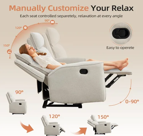 Vista 5 de INZOY Sillón reclinable manual de dos plazas, sofá reclinable de pared 2 asientos, juego de sofá reclinable de tela de chenilla, silla reclinable