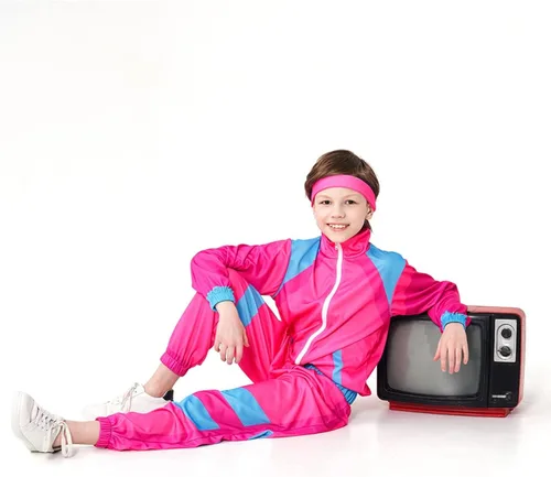 Vista 5 de COREWO Conjunto deportivo de los años 80 para niños, disfraz de hip hop, parte superior y pantalones, ropa deportiva de baile retro