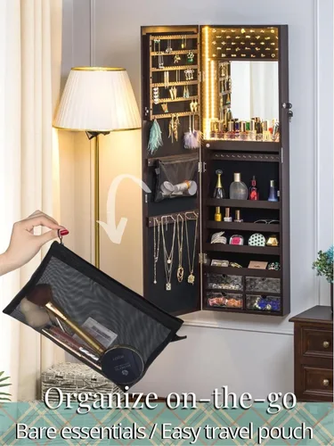 Vista 6 de Luxfurni - Joyero con espejo y 79 luces LED, gabinete para colgar en la pared o en la puerta, organizador con cerradura y cajones - Marrón
