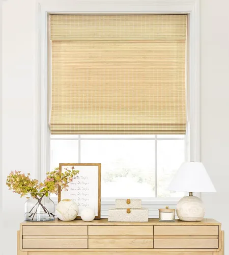 Vista 20 de LazBlinds - Cortinas romanas de bambú personalizadas sin cordón, tratamiento de ventana con filtro de luz, persianas enrollables de bambú retro