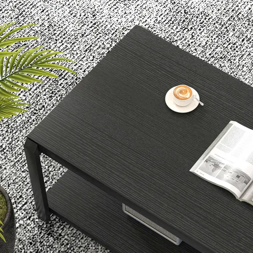 Vista 4 de EXCEFUR Mesa de café negra, mesa central moderna de madera rústica para sala de estar, mesa de té industrial rectangular de cóctel con estante