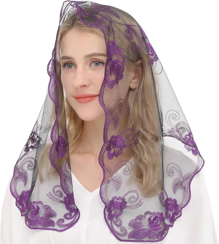 Vista 4 de Ammmscaf Chaple Veil Lace Mantilla Católica Masa Bordado Cabeza Que Cubre Velo De Iglesia