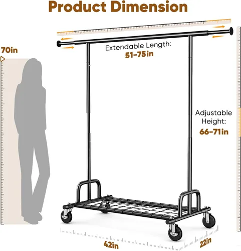 Vista 7 de HOKEEPER Perchero de Ropa Plegable Perchero de Ropa Plegable Capacidad 525 LBS Percheros de Ropa con Ruedas Resistente Perchero Rodante para Colgar