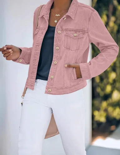 Vista 6 de luvamia Chaqueta de mezclilla básica con botones elástica ajustada de manga larga para mujer