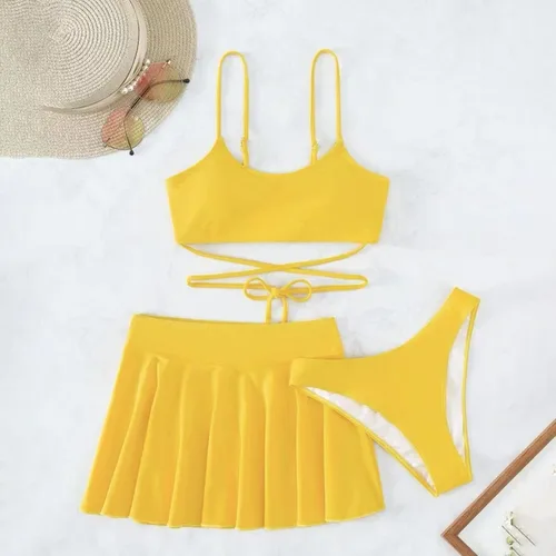 Vista 5 de Conjunto de bikini de talle alto para mujer, traje de baño sexy de dos piezas Tiras, Lindo, falda natación, traje de baño
