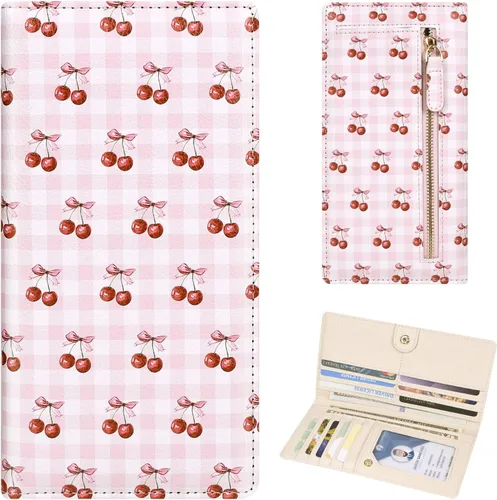 Vista 23 de Billetera para mujer, billetera RFID extradelgada, bolso plegable de cuero, con 11 ranuras para tarjetas y ventana de identificación, lindo monedero