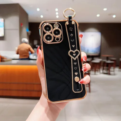 Vista 3 de IDweel Funda para iPhone 11 Pro Max con correa de pulsera ajustable, lazo atril, chapado de lujo de corazón, esquinas elevadas, a prueba de golpes