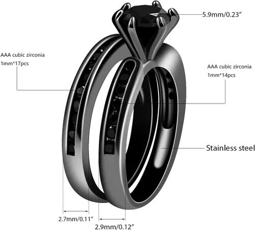 Vista 3 de Conjunto de canal solitario de circón negro anillo de compromiso de eternidad anillo de compromiso de 2 piezas para mujer conjuntos de anillos