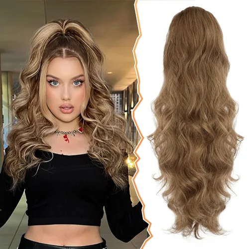 Vista 29 de BARSDAR Extensión de cola de caballo resaltada - 20 pulgadas de extensión de cola de caballo rizada y ondulada con cordón para mujeres - Extensiones