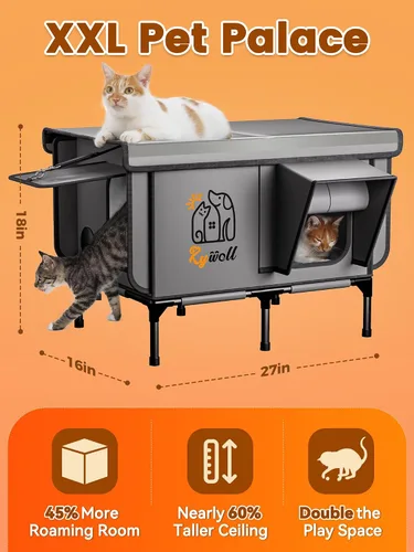 Vista 7 de Rywell Pro - Casa para gatos con calefacción para exteriores, refugio para gatos impermeable todo clima de PVC con marco reforzado, casa elevada