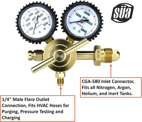 Vista 2 de Regulador de gas nitrógeno 0-600 PSIG - Purga HVAC - Carga de presión - Conector de llamarada de 1/4" - GARANTÍA DE POR VIDA