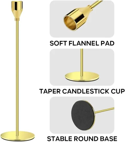 Vista 3 de Juego de 3 candelabros dorados para velas LED de 3/4 pulgadas de grosor y velas LED altas, portavelas cónico decorativo para bodas, cenas, fiestas