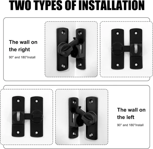 Vista 4 de 4 cerraduras de puerta de granero abatibles, cerradura de puerta corrediza de granero de 90/180 grados, pestillos negros gruesos para puerta
