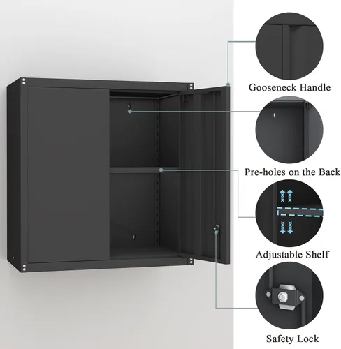 Vista 5 de Armario de almacenamiento de garaje de 28 pulgadas de alto, gabinetes de pared de garaje de metal con puertas y estantes, gabinete pequeño