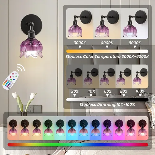 Vista 4 de Vintage Battery Operated Wall Sconces: Gothic Wireless Rechargeable Light 5000mAh Dimmable Powered Sconce Remote Control, Set of 2 Cute Purple