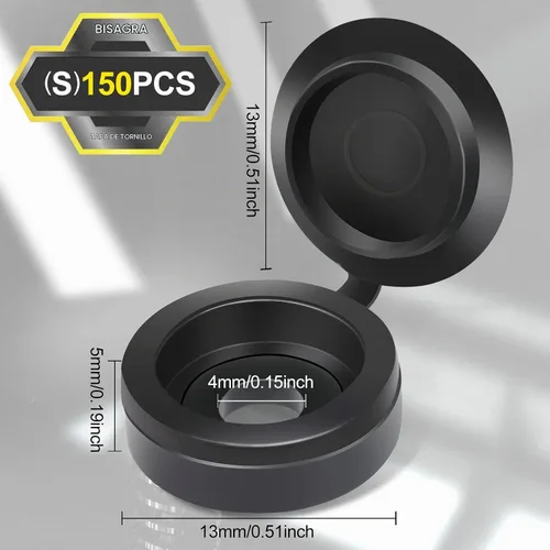 Vista 2 de 150 tapas de rosca, cubiertas de plástico negro con bisagras, tamaño S, se adapta a tornillos #6/#8 (M3/M4), 150 piezas