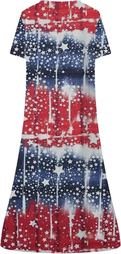 Vista 5 de perfectbot Dress for Women Independence Day Dress Summer American Flag Short Sleeve Pocket Crew Neck Flowy Midi Dresses