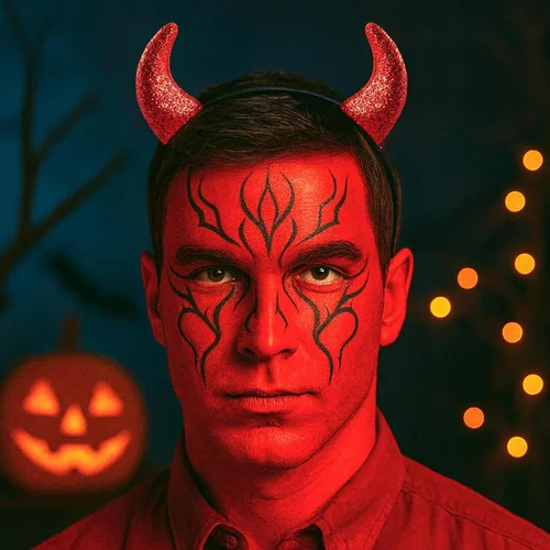 Vista 4 de Kit de maquillaje de Halloween de pintura facial roja, diadema de cuernos de diablo para mujer, pintura de cuerpo rojo a base de agua de 1.01 onzas