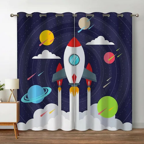 Vista 10 de Cortinas opacas con diseño de cohetes de dibujos animados para niñas y niños, decoración del hogar, aventura en el espacio, galaxia, planetas, azul