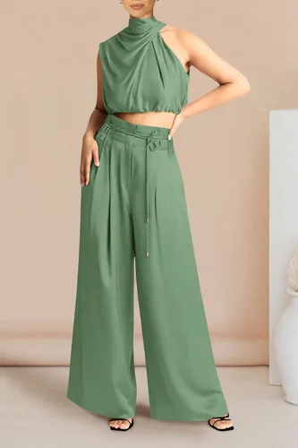 Vista 3 de PRETTYGARDEN Womens 2024 Summer Sleeveless Mock Neck Crop Tops Wide Leg Pants Set