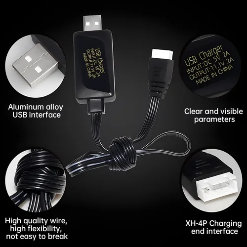 Vista 3 de Cargador USB de 2 piezas 3S 11.1V 2A para coches de control remoto, barcos, drones, pistolas de aire y juguetes a control remoto, cable de carga USB