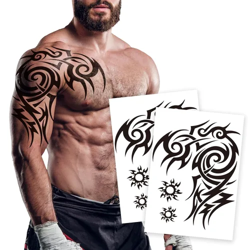 Vista 9 de 2 hojas grandes de tatuajes temporales para hombres y mujeres, impermeables, tatuajes falsos de arte corporal con diseño de tótem para el pecho