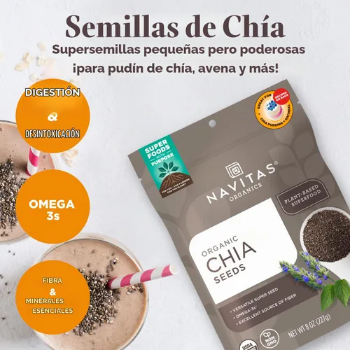 Vista 3 de Navitas Organics Semillas de chía - Para pudín de chía, batidos, horneado, ensaladas y más - Omega 3, fibra, minerales - USDA orgánico, sin OGM