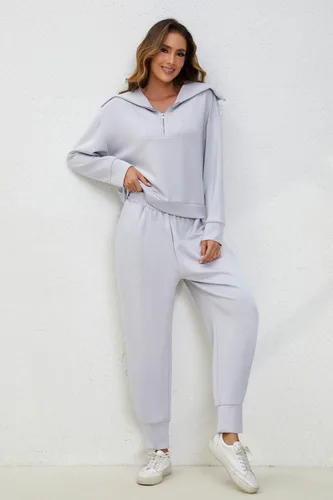 Vista 2 de Meladyan Conjunto deportivo de 2 piezas para mujer, sudadera de manga larga con solapa y media cremallera, pantalones deportivos de cintura alta