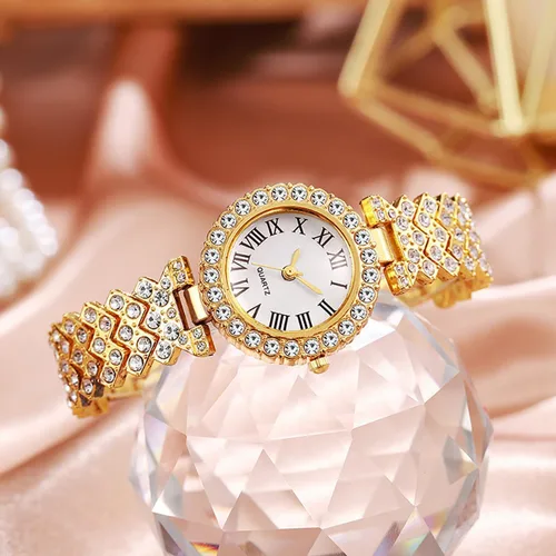 Vista 4 de Señora elegante reloj de cuarzo con esfera pequeña con reloj de pulsera de diamantes conjunto vestido relojes de pulsera Dorado