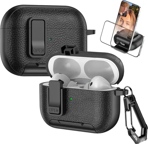 Vista 13 de Funda de cuero con clip de bloqueo para AirPods Pro 2ª/1ª con mosquetón, soporte de carga inalámbrica con soporte, cubierta de protección resistente