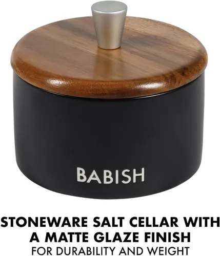 Vista 4 de Babish Bodega de sal de gres con tapa de madera - 4" X 3.5