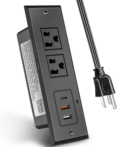 Vista 7 de Ojal de alimentación de escritorio de 2 3/8 pulgadas con orificios de mesa con 2 puertos de carga USB, cable de extensión de 6.5 pies con 1 toma