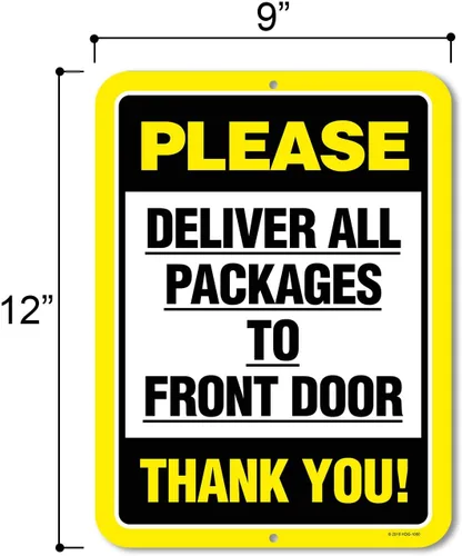 Vista 2 de Honey Dew Gifts, Entregue todos los paquetes a la puerta delantera, HDG-1060 9 x 12 Inch Aluminum Sign, Package Delivery Notice, Front Door, Home