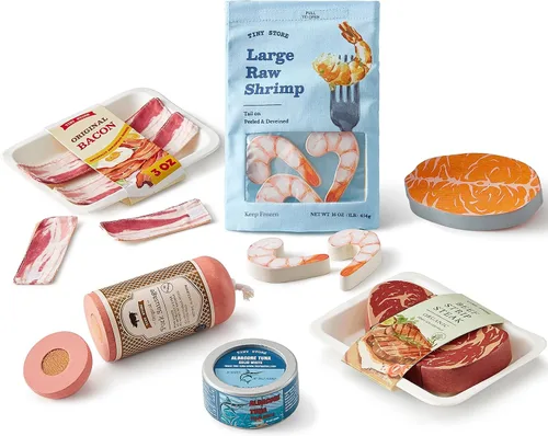 Vista 7 de Tiny Land Juego de lácteos y bebidas de madera, 7 piezas de juguete de comida de simulación con leche, jugo y queso, divertido accesorio de cocina